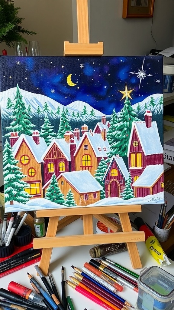 Christmas Village Painting Recipe A charming Christmas village painting with cottages, snow, and a starry sky.